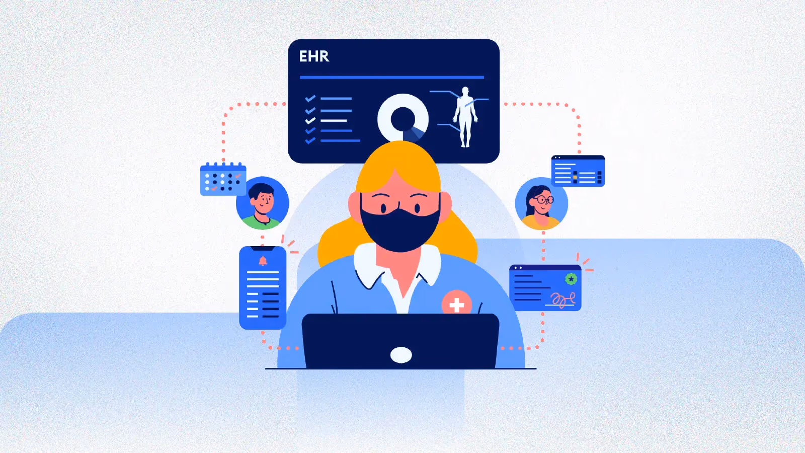 Healthcare worker wearing mask using a laptop with EHR and patient data icons around.