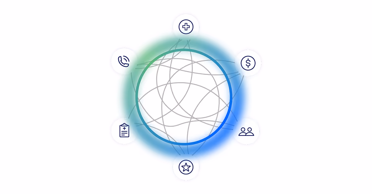 Circle with connecting lines surrounded by six healthcare and finance icons on a white background.