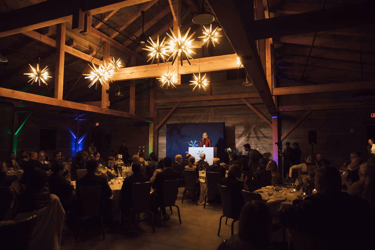 Woman speaking at a nighttime event in a wooden hall with star-shaped hanging lights and seated guests.
