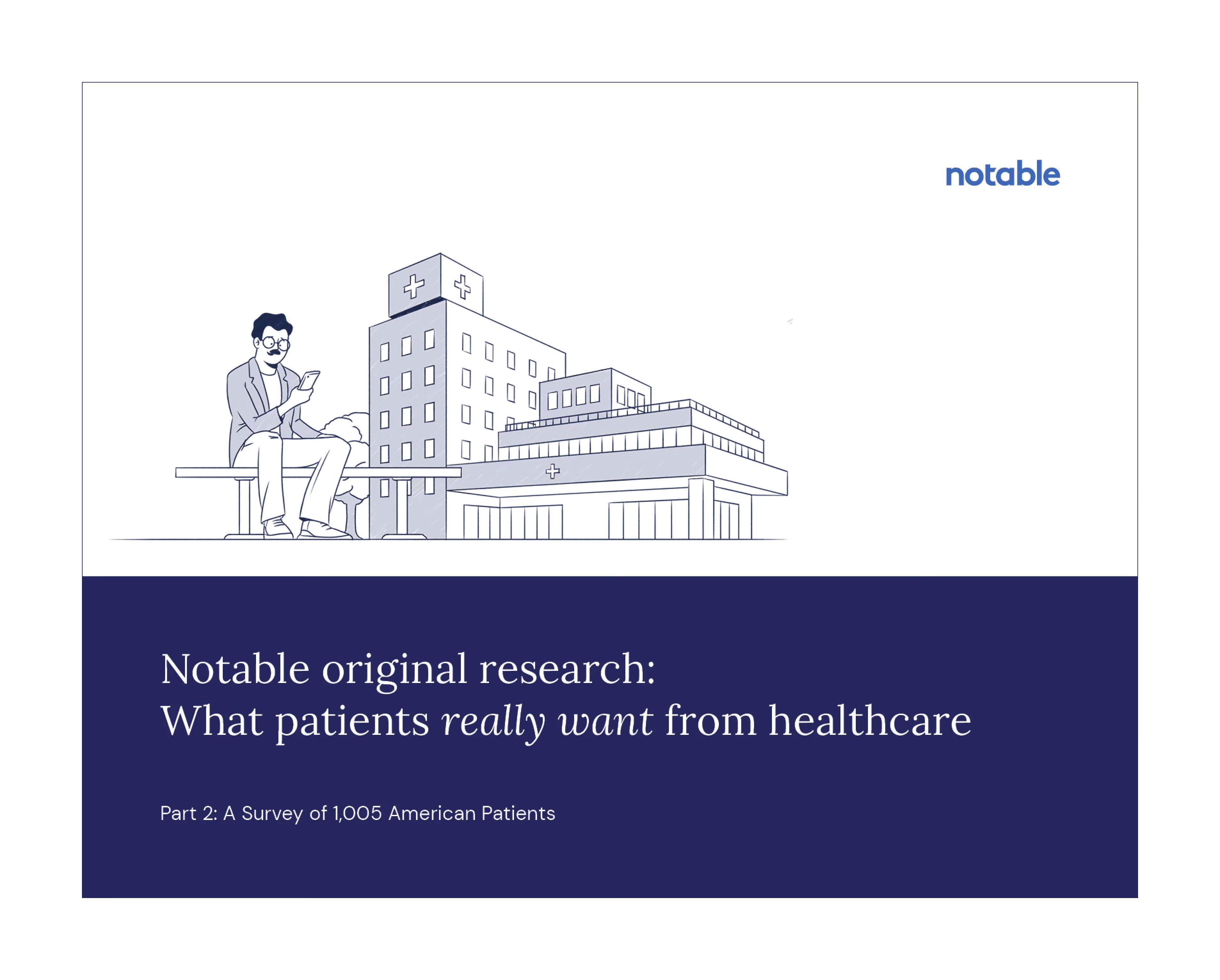 Illustration of a man using a phone by a hospital with text about patient healthcare research.