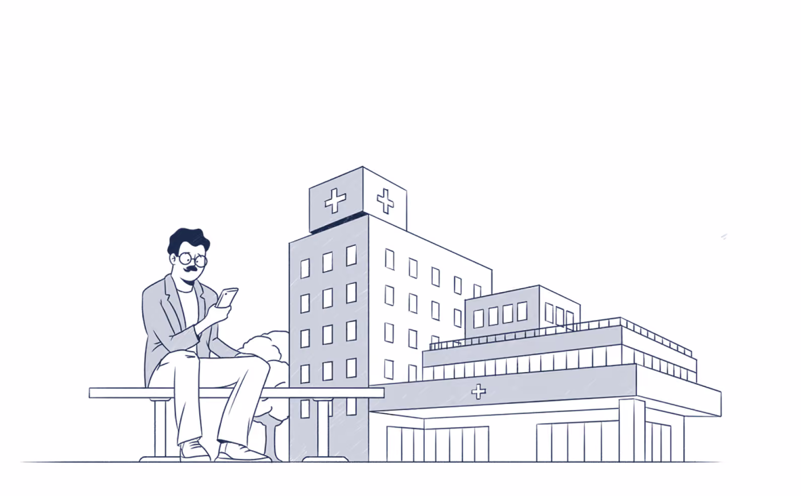 Man with glasses sitting on a bench using a smartphone near a hospital building with medical crosses.