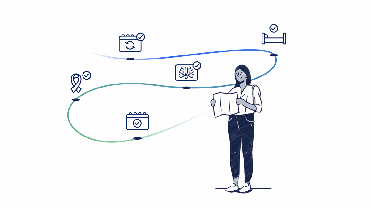 Illustration of a woman holding a paper with medical icons connected by winding lines representing a health journey.