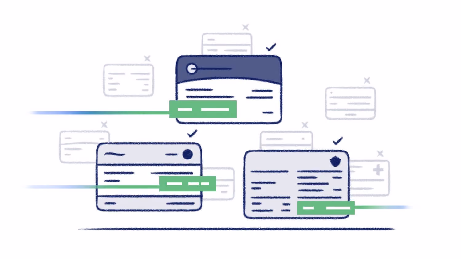 Illustration of three stylized cards with check marks and green highlights indicating selection on a white background.