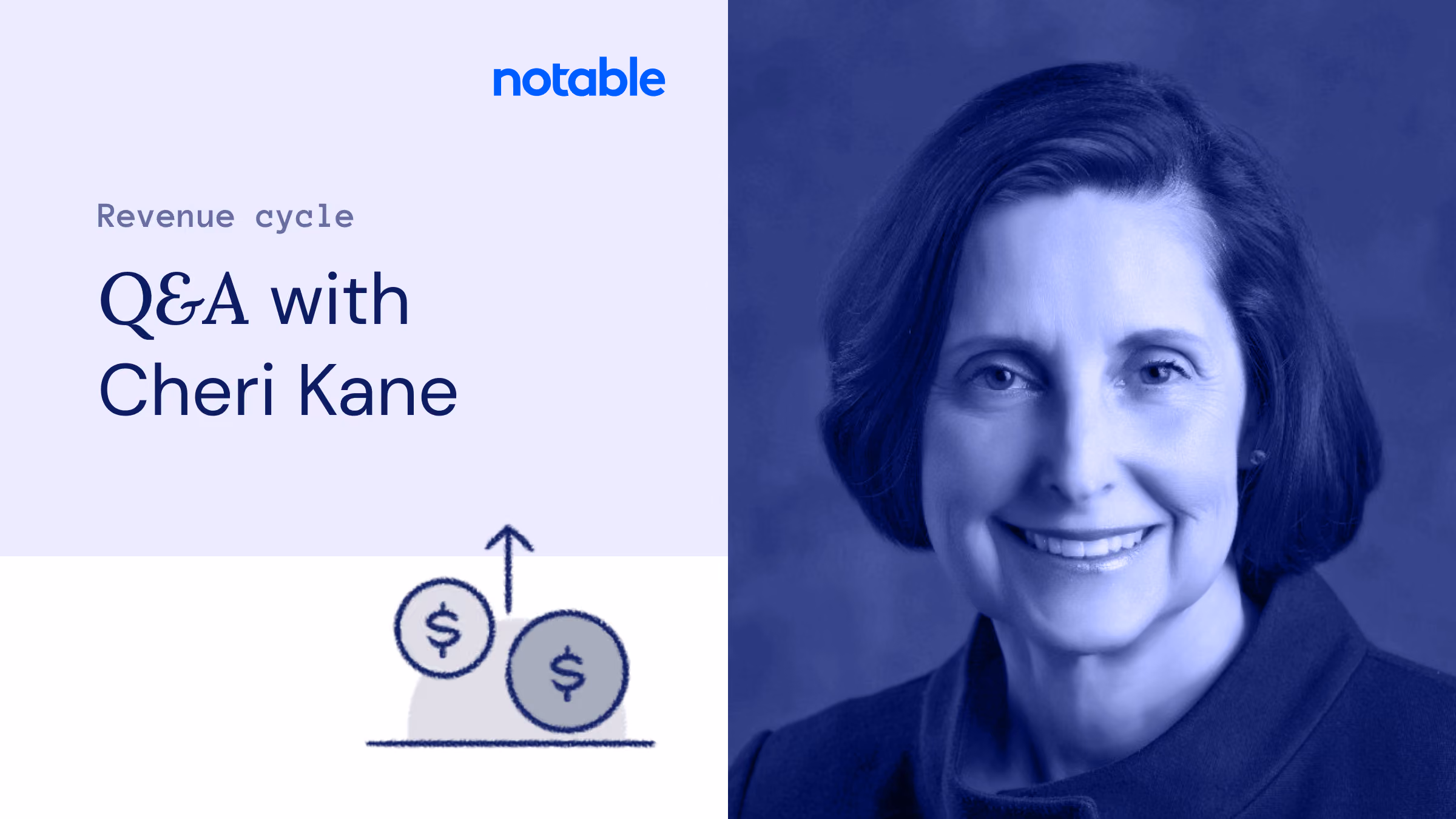 Portrait of Cheri Kane smiling, with text about revenue cycle Q&A with her on left side.