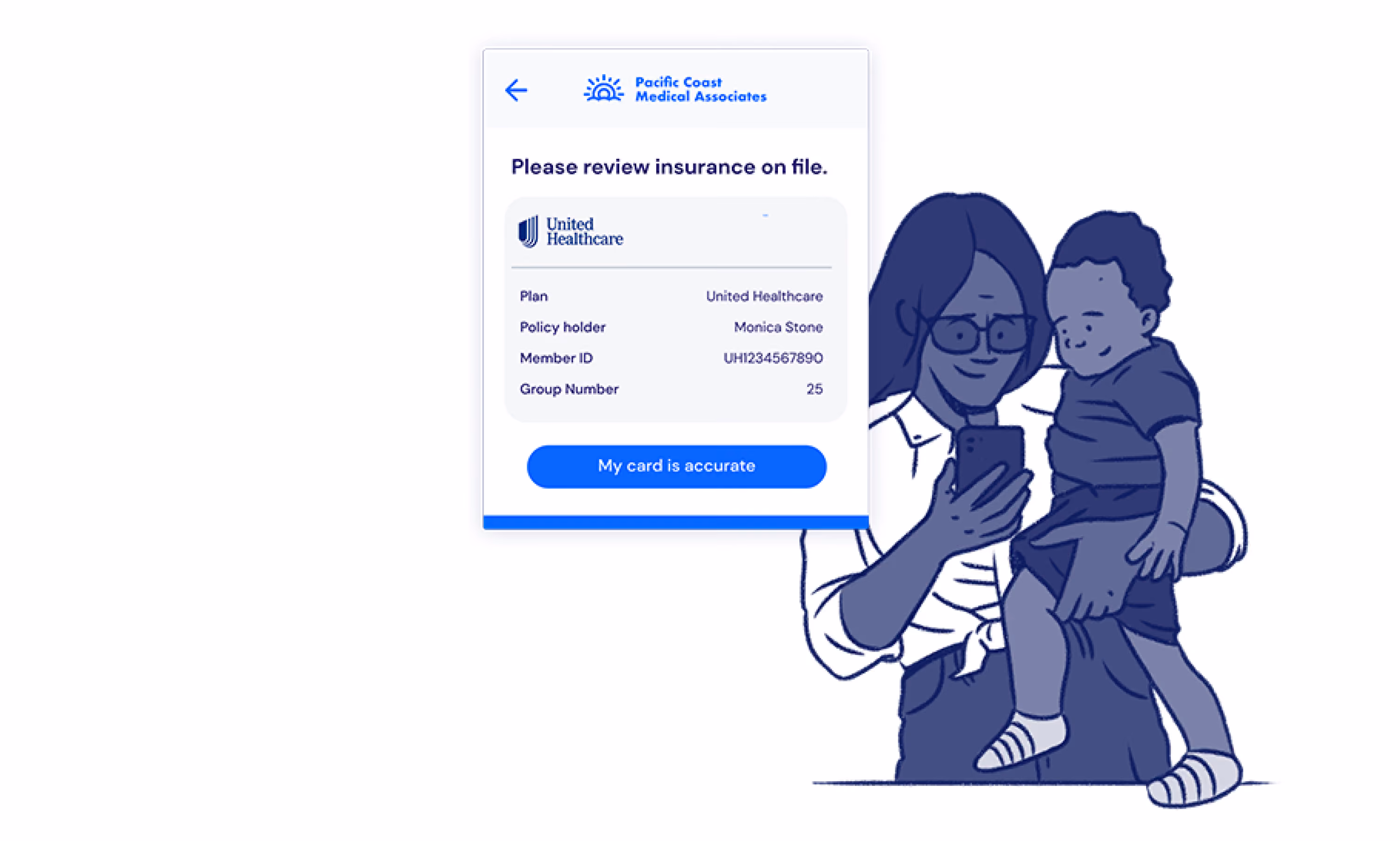 Illustration of a woman holding a child and checking insurance info on a phone from United Healthcare.