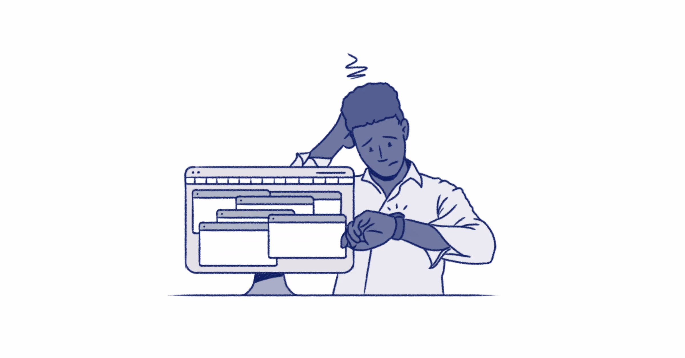 Frustrated man looking at smartwatch with many open browser windows on computer screen.
