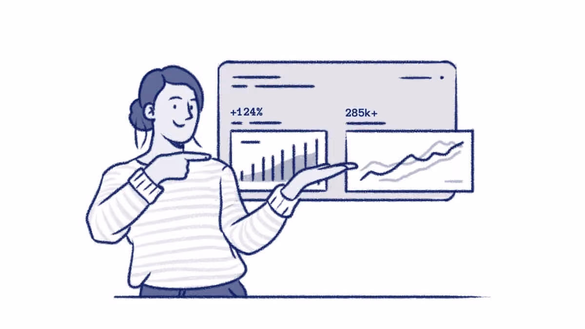 Illustration of person pointing at financial charts showing growth metrics and positive trends.