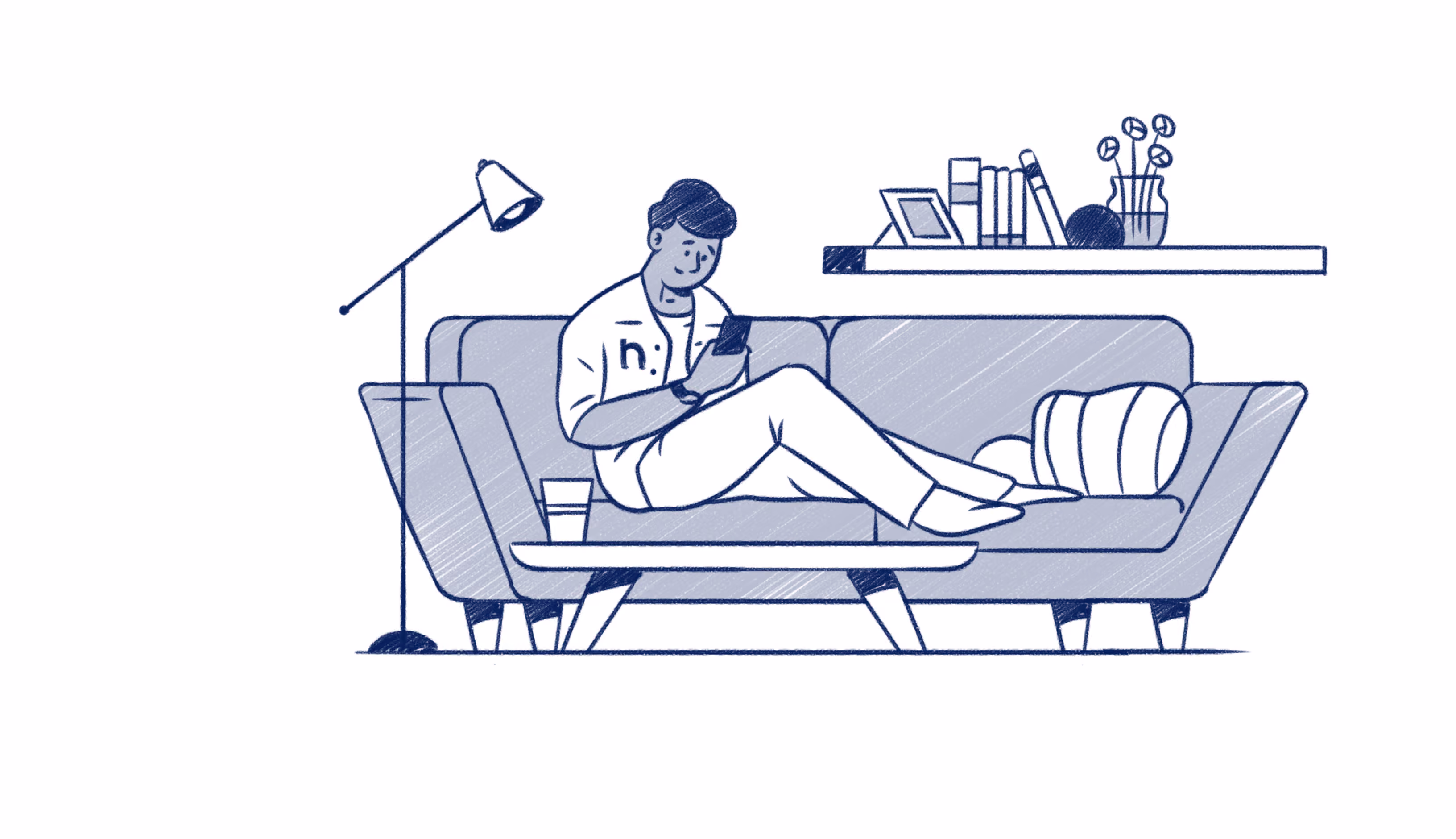 Person sitting on a couch using a smartphone with a coffee cup, floor lamp, and bookshelf nearby.