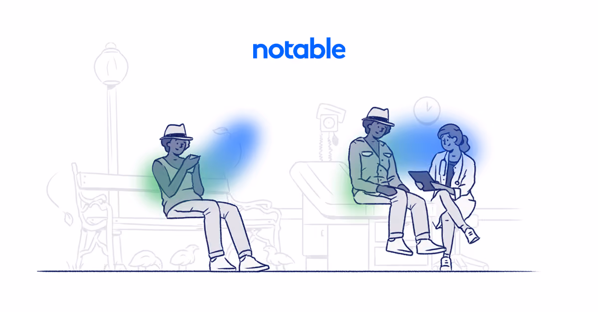 Illustration of a person sitting on a bench using a phone and another consulting a doctor with a tablet.