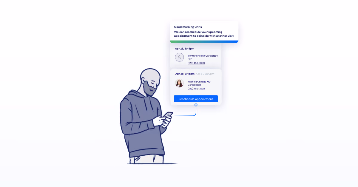 Illustration of man using phone with medical appointment rescheduling notifications on screen.