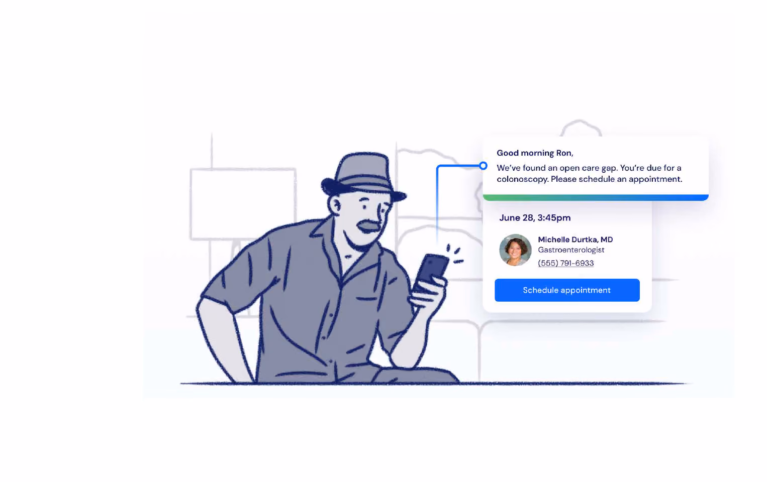 A man in a hat checks his phone showing a medical reminder to schedule a colonoscopy appointment.