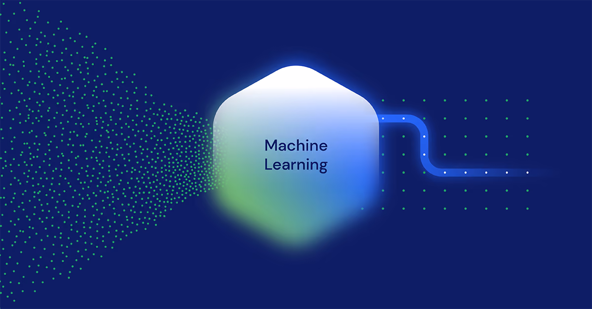 Blue abstract graphic showing green dots flowing into a hexagon labeled Machine Learning with an output path.