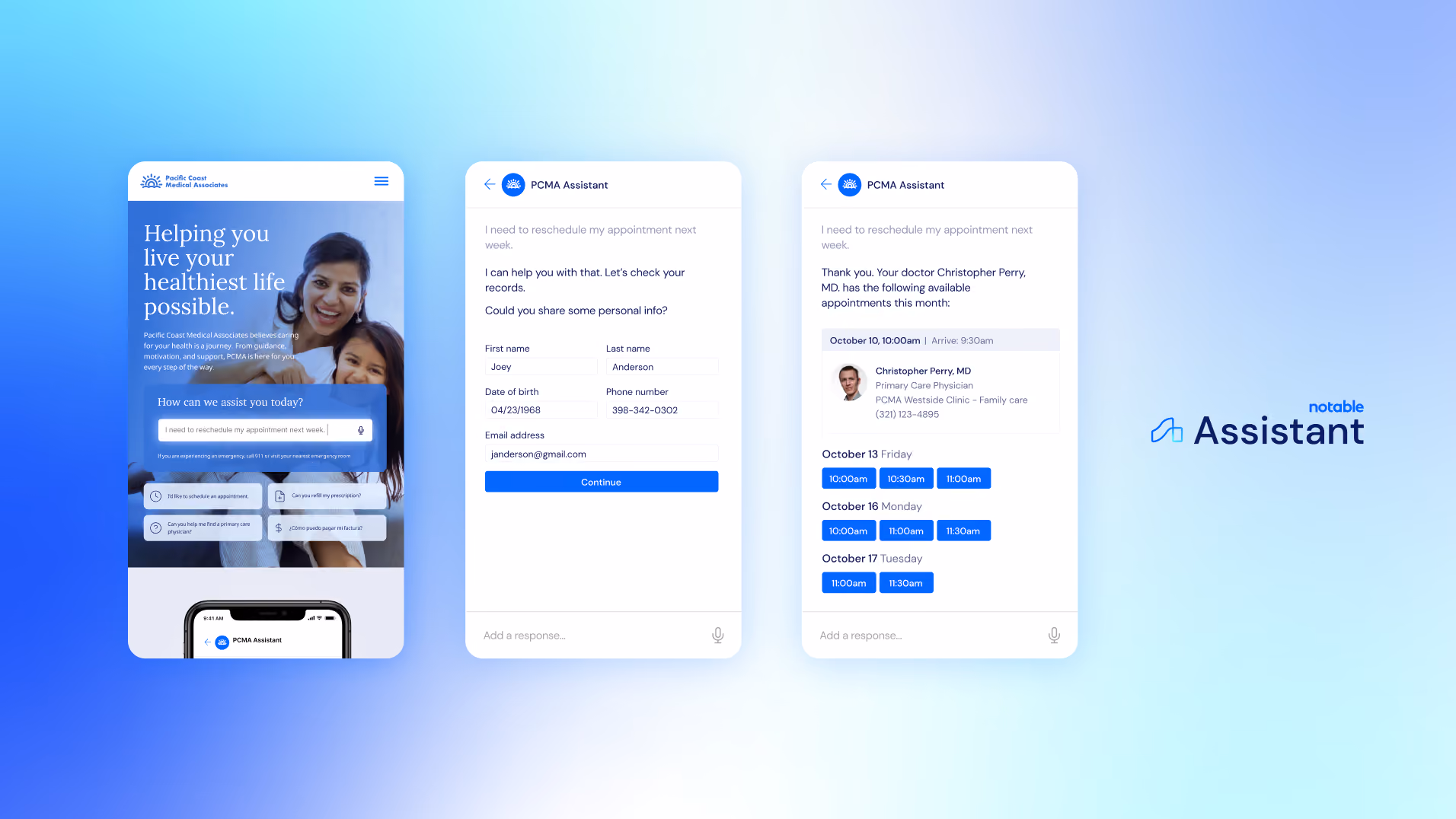 Three phone screens show medical assistant app booking and rescheduling appointments interface with personal info form.