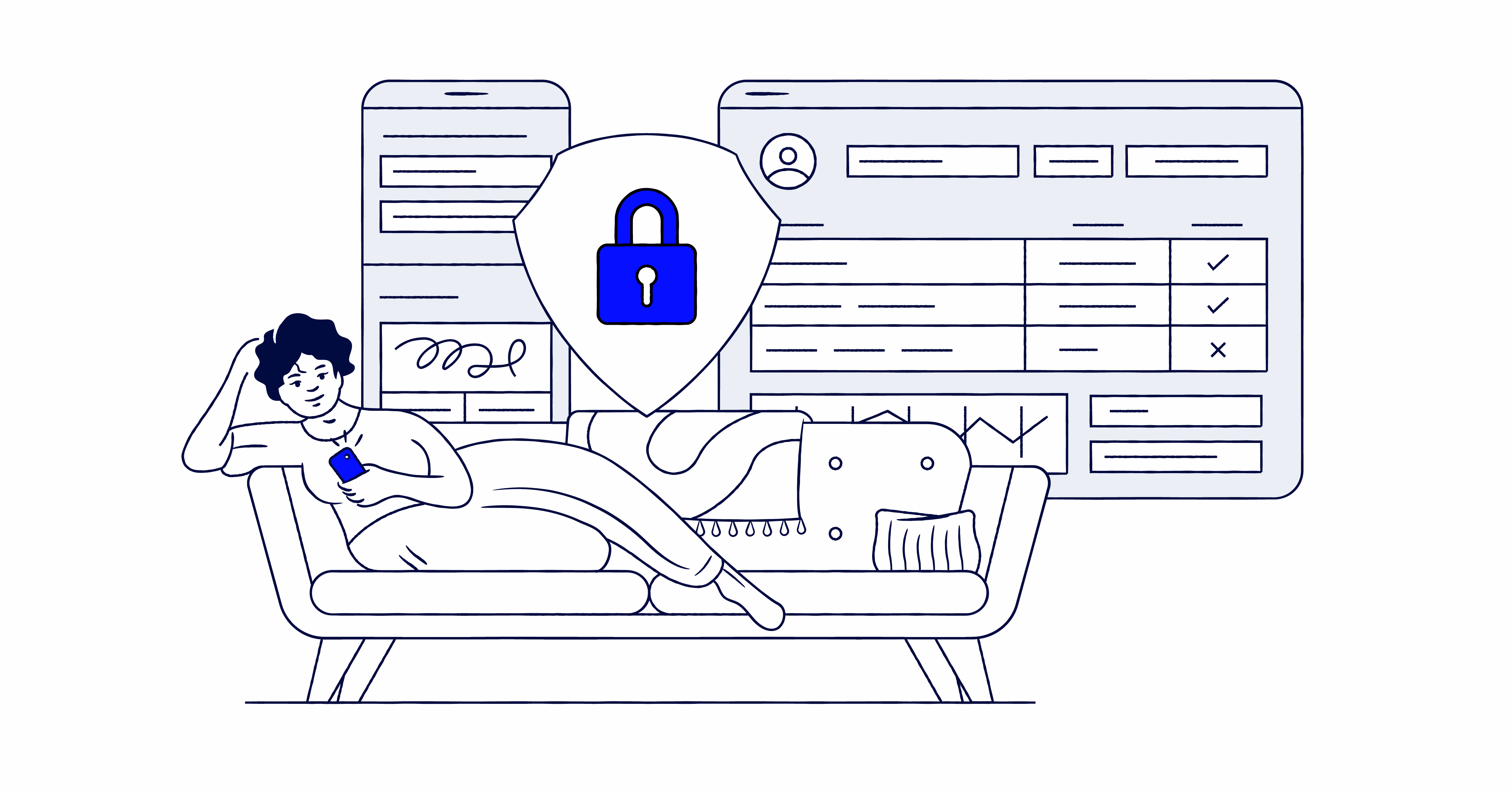 Person lounging on a couch holding a phone with security shield and lock icons behind them.