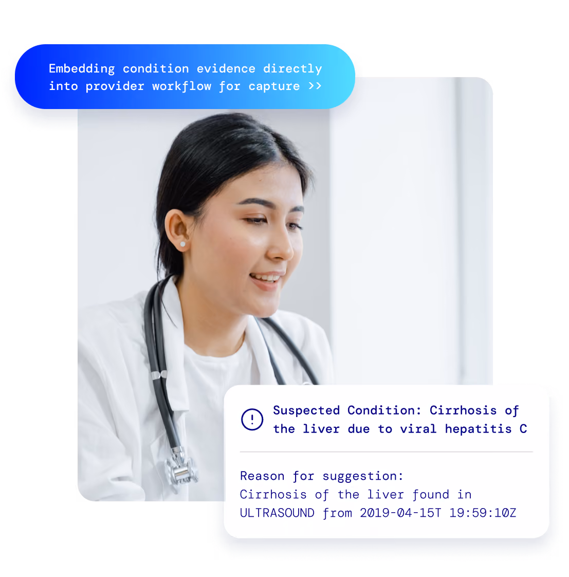 Female doctor with stethoscope smiling, with overlay text about liver cirrhosis from ultrasound evidence.