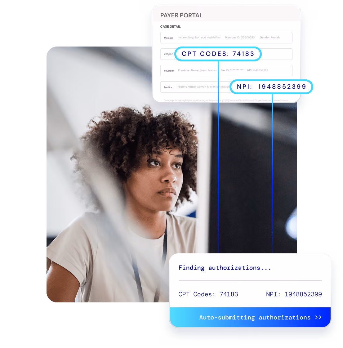 Woman focused on computer screen with payer portal showing CPT code 74183 and NPI 1948852399.