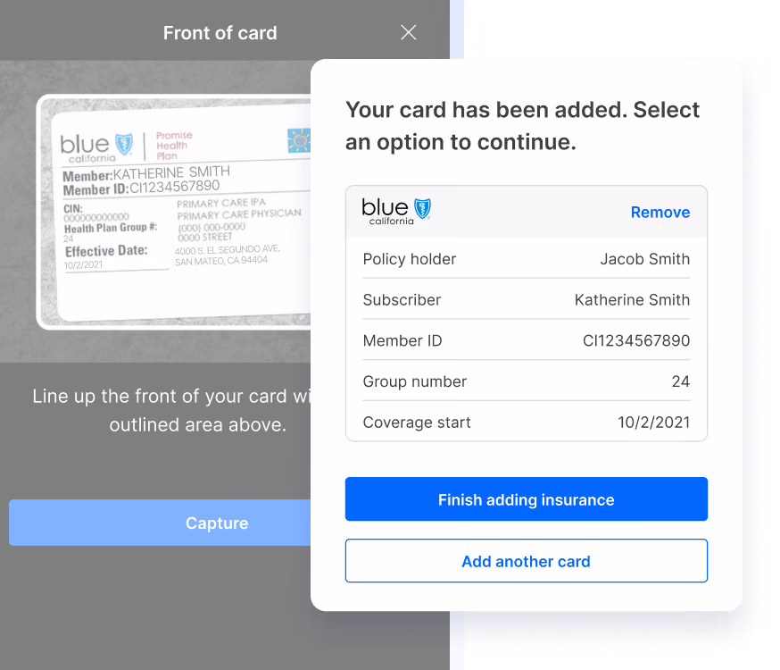 Phone screen showing insurance card capture and confirmation with policy holder and member details.