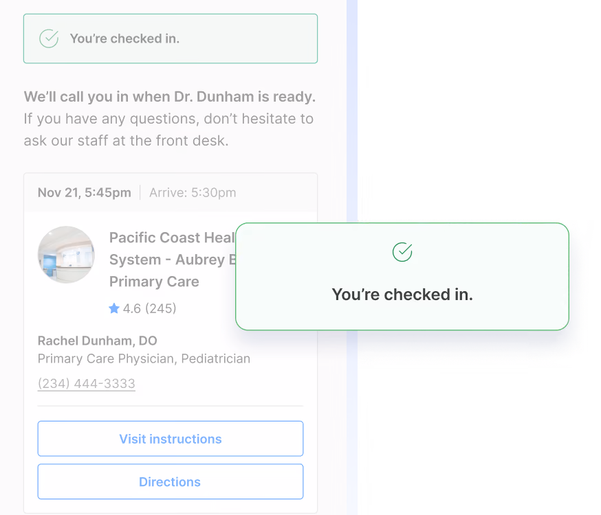 Appointment check-in confirmation with Dr. Rachel Dunham at Pacific Coast Health System, showing visit details.