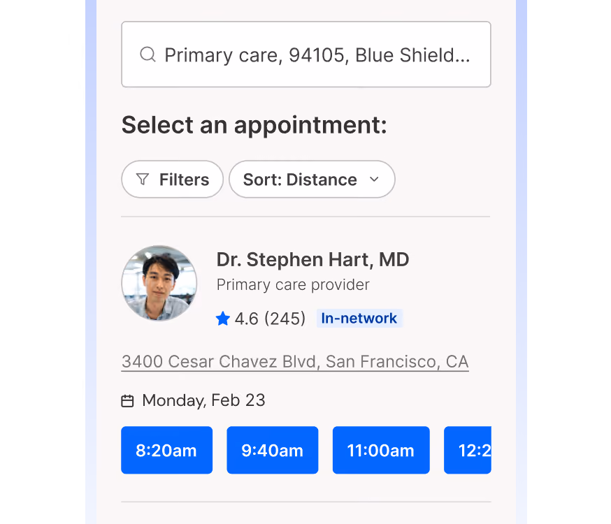 Appointment booking screen showing Dr. Stephen Hart, 4.6 rating, in-network, with available times on Feb 23.