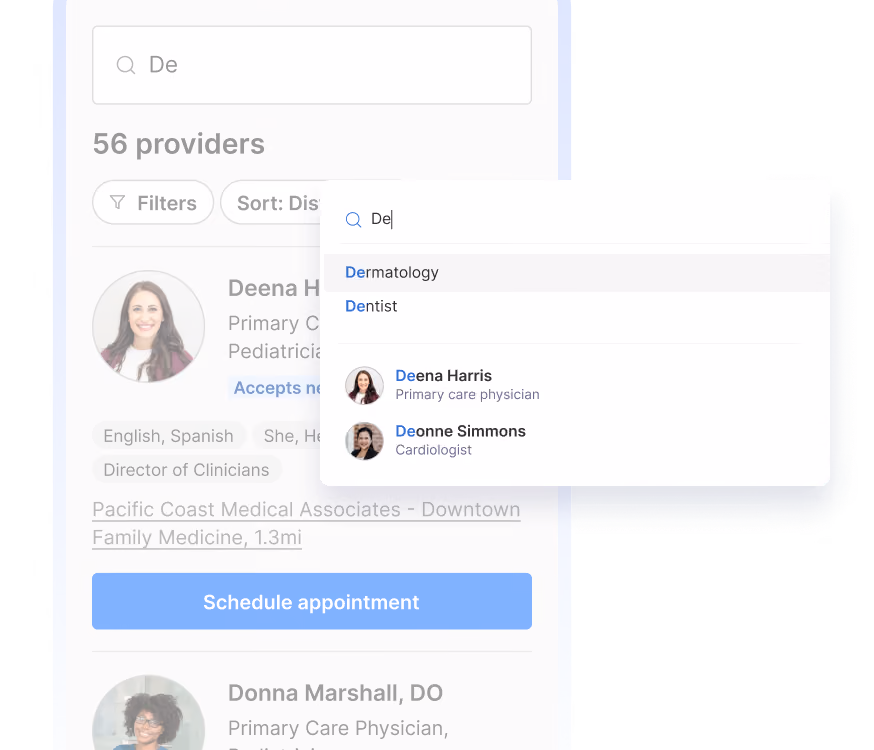 Medical provider search interface showing results for 'De' with provider details and appointment option.