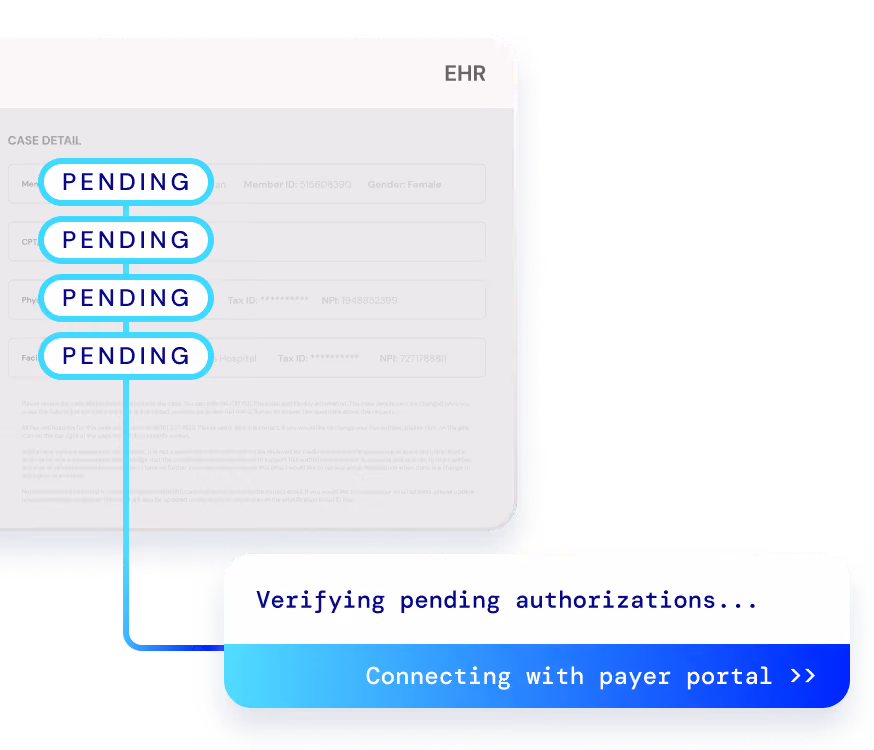 EHR screen showing four pending statuses and a message connecting with payer portal for authorization.