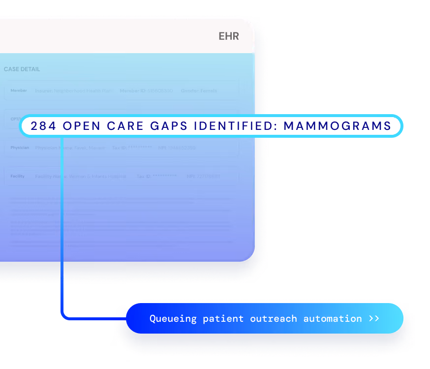 EHR interface showing 284 open care gaps for mammograms with a button for queueing patient outreach automation.