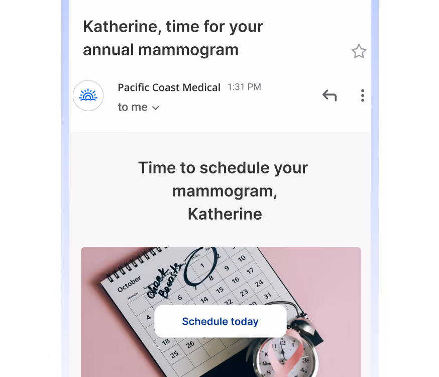 Email reminder to Katherine to schedule her annual mammogram with calendar and pink ribbon on clock.