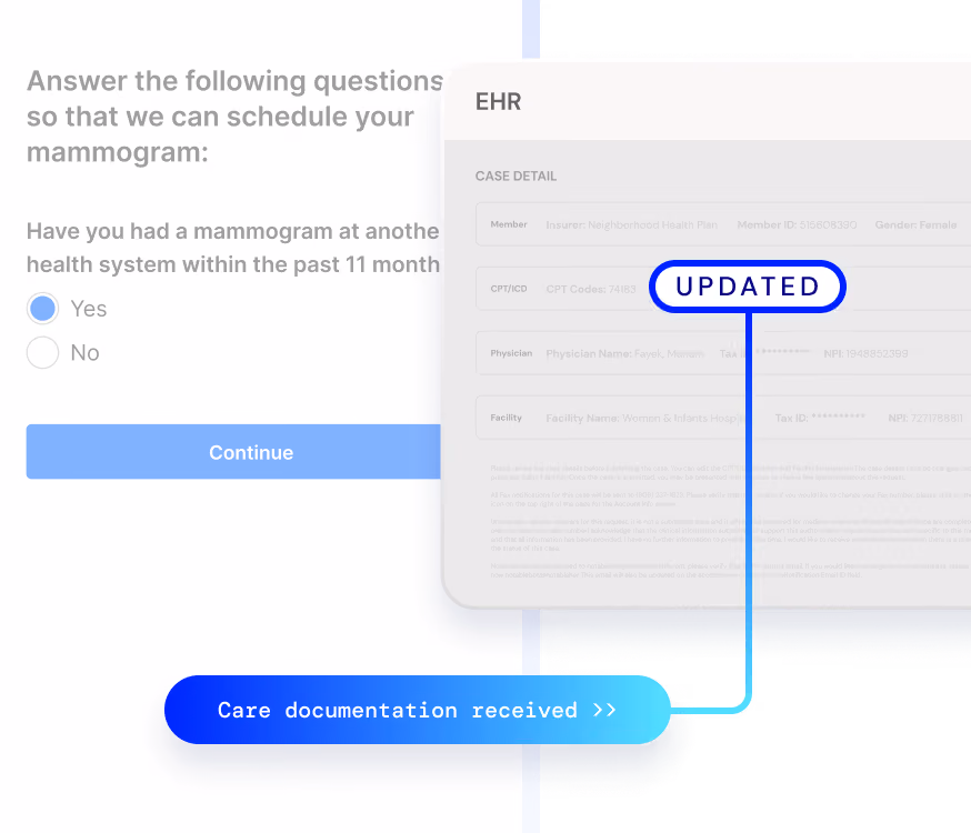 Form asking if user had a mammogram in 11 months with Yes selected and button labeled Continue.
