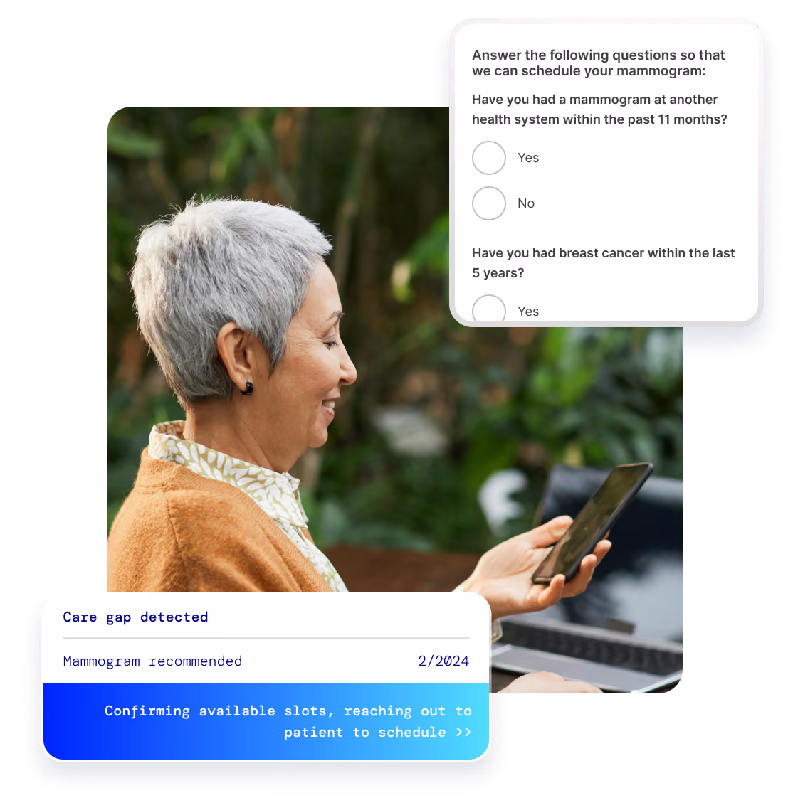 Woman with short gray hair checking phone, with mammogram scheduling questions and care gap alerts on screen.