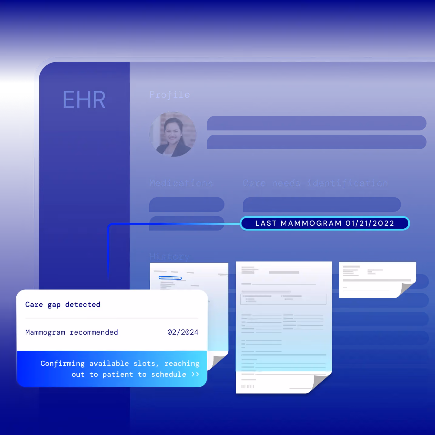 Electronic health record interface showing a care gap alert for a mammogram recommended in 02/2024.
