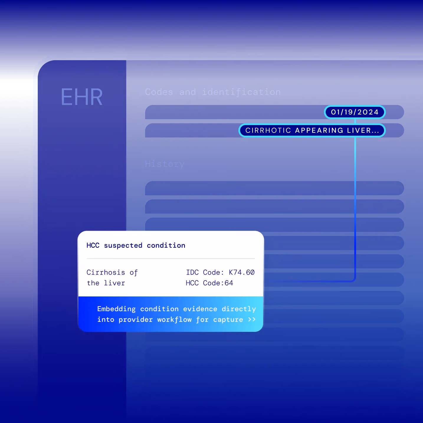 EHR screen showing suspected cirrhosis of liver with IDC code K74.60 and HCC code 64 dated 01/19/2024.
