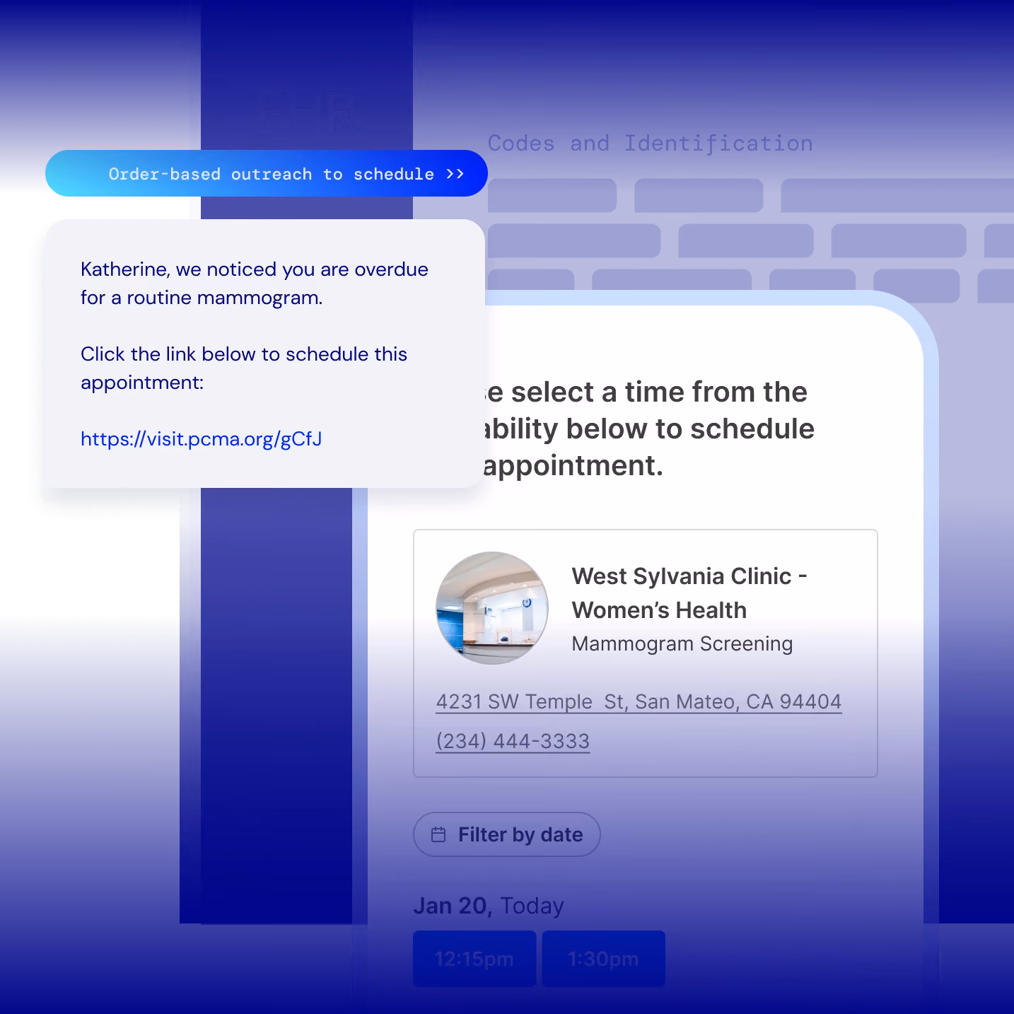 Message prompting Katherine to schedule an overdue routine mammogram with a clickable link.