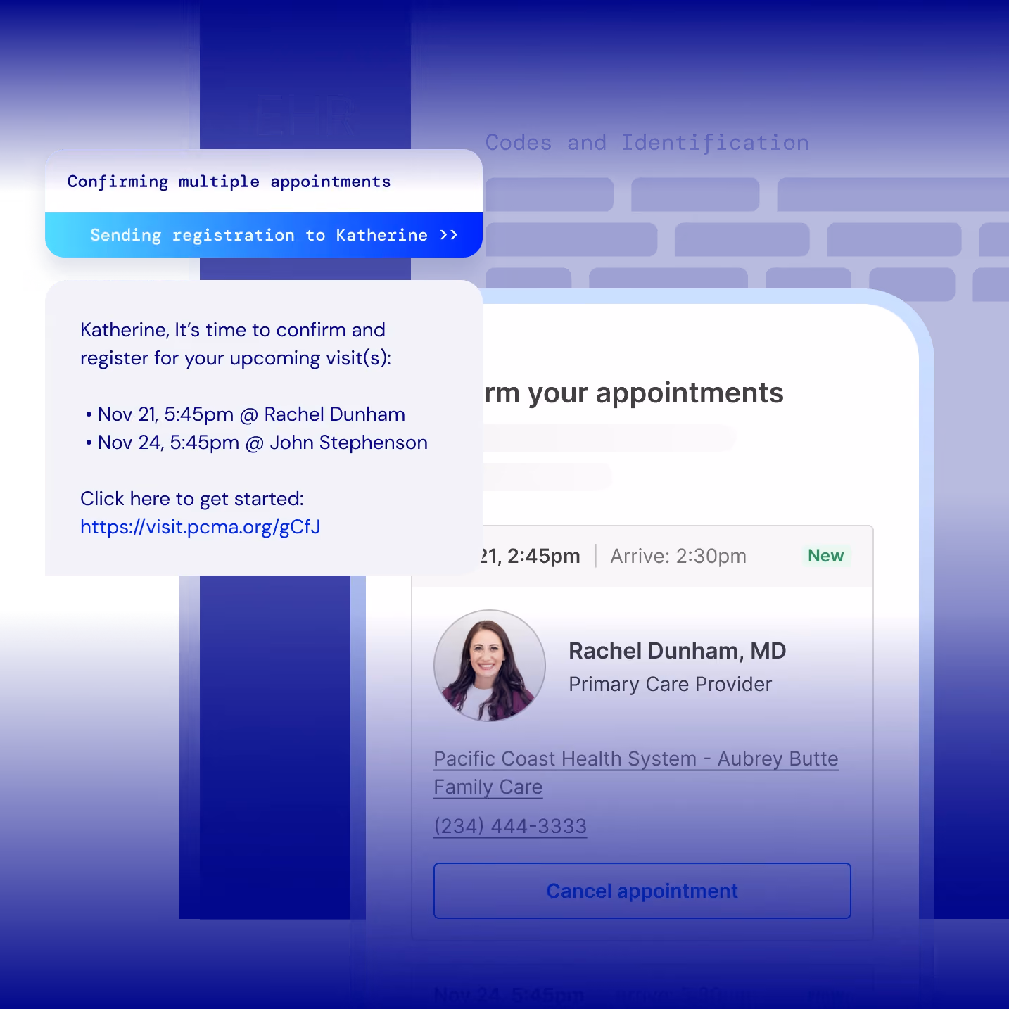 Screen showing appointment confirmation with Dr. Rachel Dunham and Dr. John Stephenson for Katherine.
