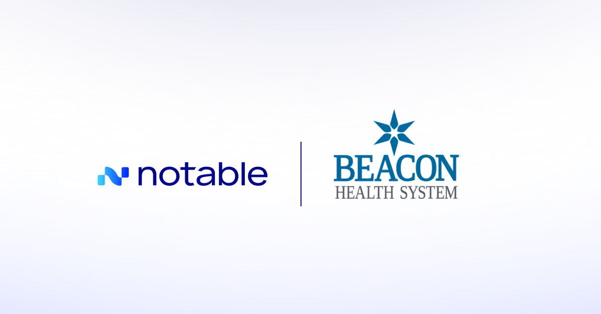 Notable and Beacon Health System logos side by side with a vertical dividing line on a purple gradient background.