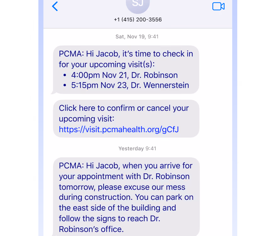 Text messages from PCMA reminding Jacob of upcoming doctor visits and parking instructions during construction.