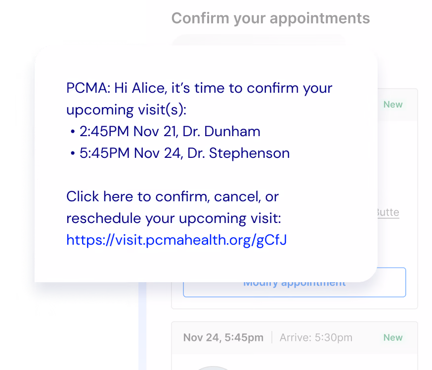 Text message reminder to confirm or reschedule two upcoming doctor appointments with links.