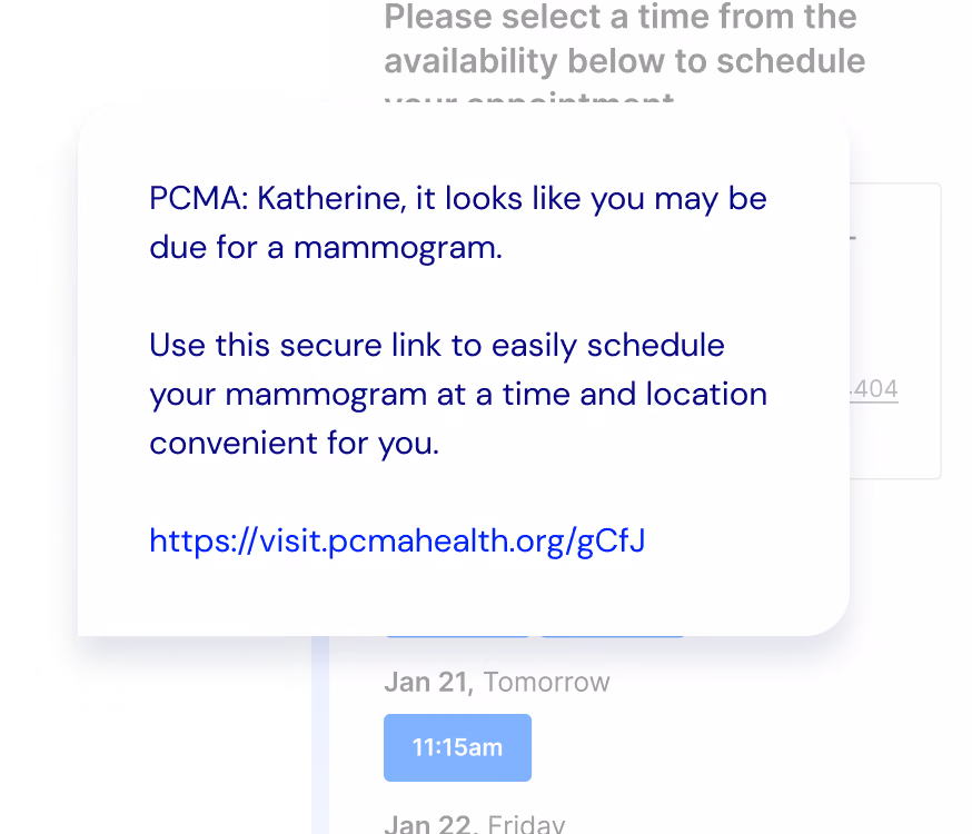 Notification for Katherine to schedule a mammogram with a secure link and available times on Jan 21 and 22.