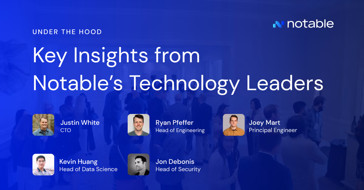 Notable's tech leaders with names and roles over a blurred background crowd at an event.