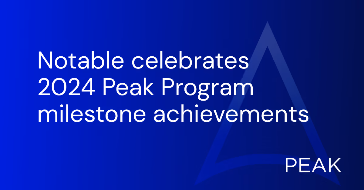 Text on blue background celebrating Notable's 2024 Peak Program milestone achievements with a faint peak logo.