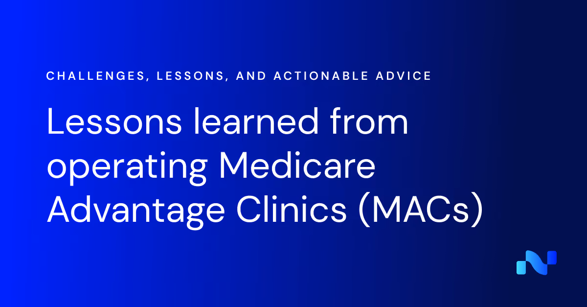 Title slide with text about lessons learned from operating Medicare Advantage Clinics against a blue gradient background.