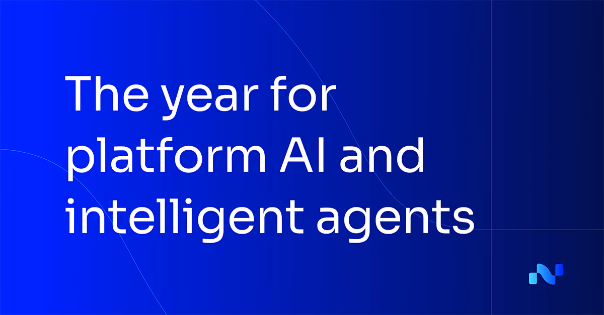 Text on blue background: The year for platform AI and intelligent agents with a small logo in corner.