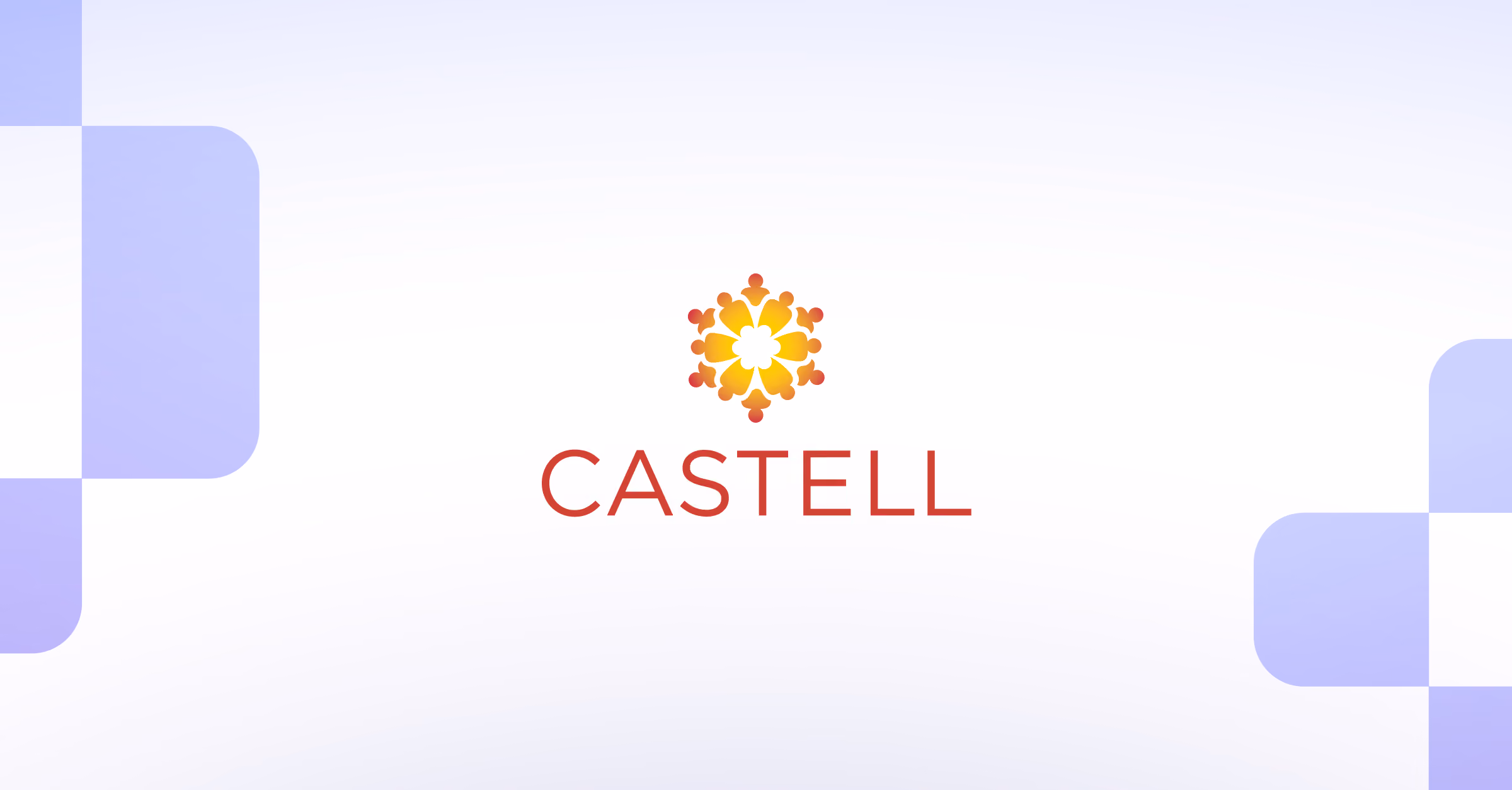 Logo with a symmetrical orange and yellow floral emblem above the word CASTELL in red text.