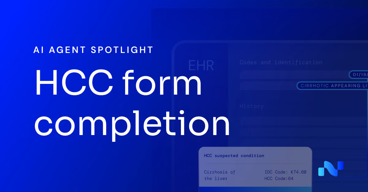 Text 'AI Agent Spotlight HCC form completion' on blue background with medical form elements.