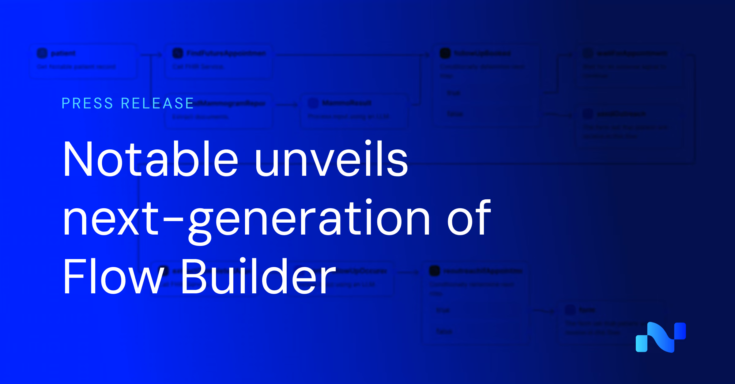 Blue background with text: Notable unveils next-generation of Flow Builder and a stylized N logo.