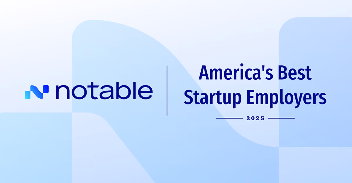 Notable logo with text announcing America’s Best Startup Employers 2025 on a blue abstract background.