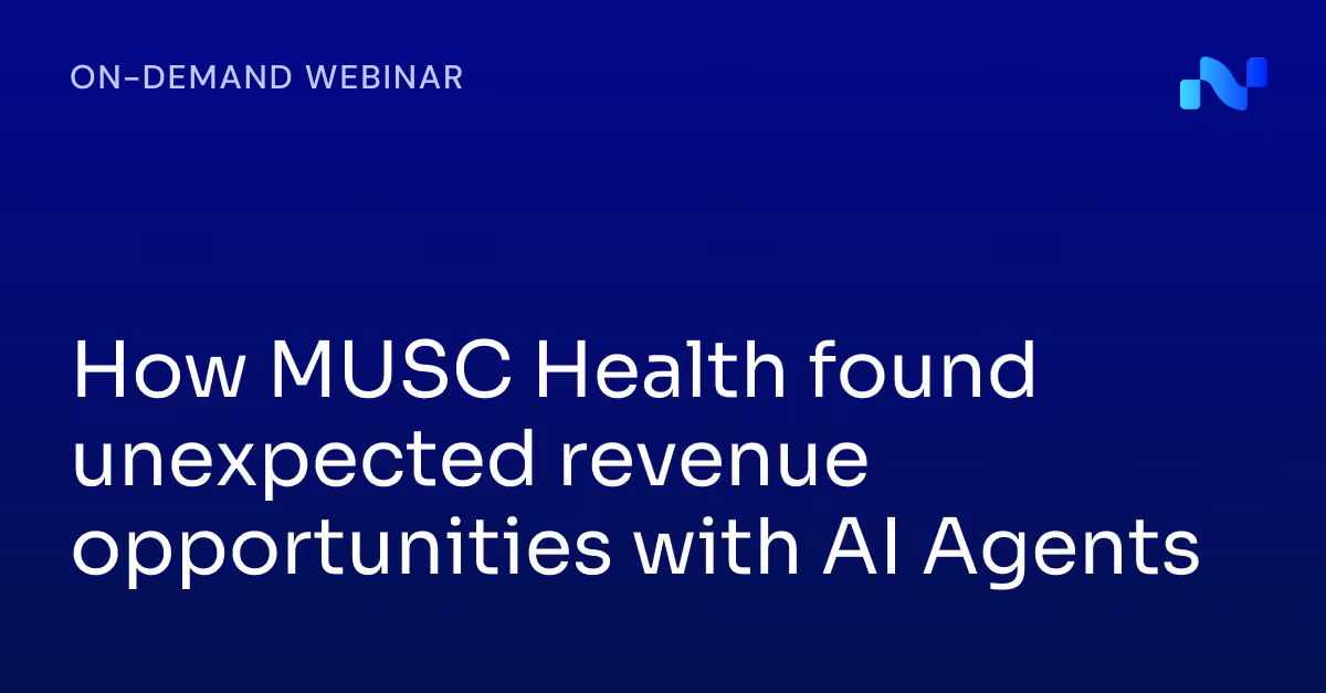 On-demand webinar titled How MUSC Health found unexpected revenue opportunities with AI Agents on a blue background.