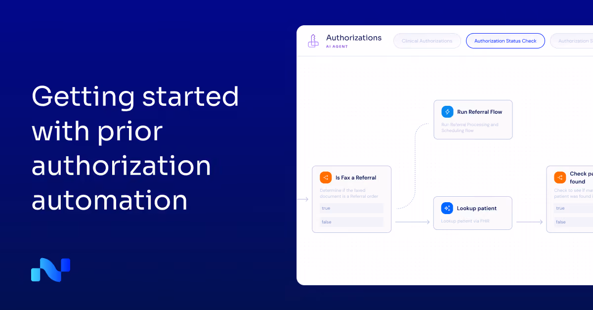 Screen showing a flowchart for prior authorization automation with steps like fax referral check and patient lookup.