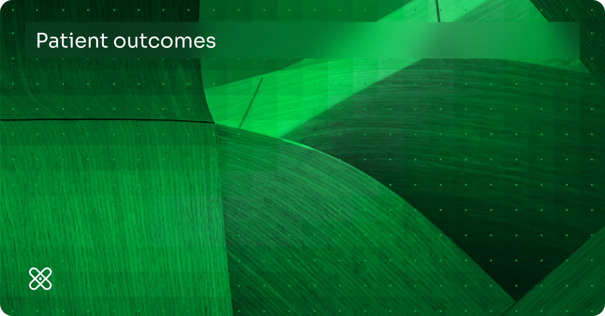 Green abstract background with curved wood textures and text reading Patient outcomes.