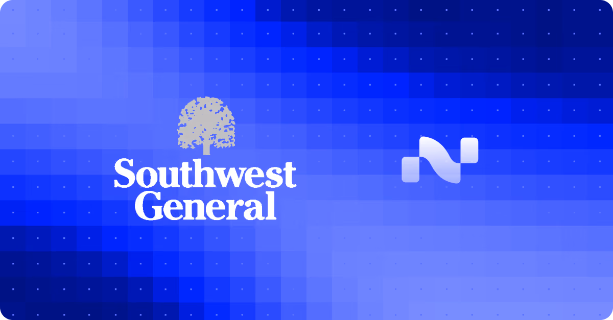 Southwest General logo with a stylized tree on a blue gradient background with pixel pattern.