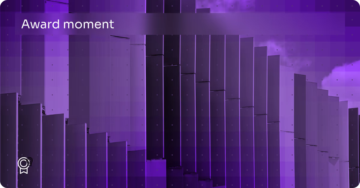 Purple-toned abstract stair-step architectural structure with text 'Award moment' overlay.